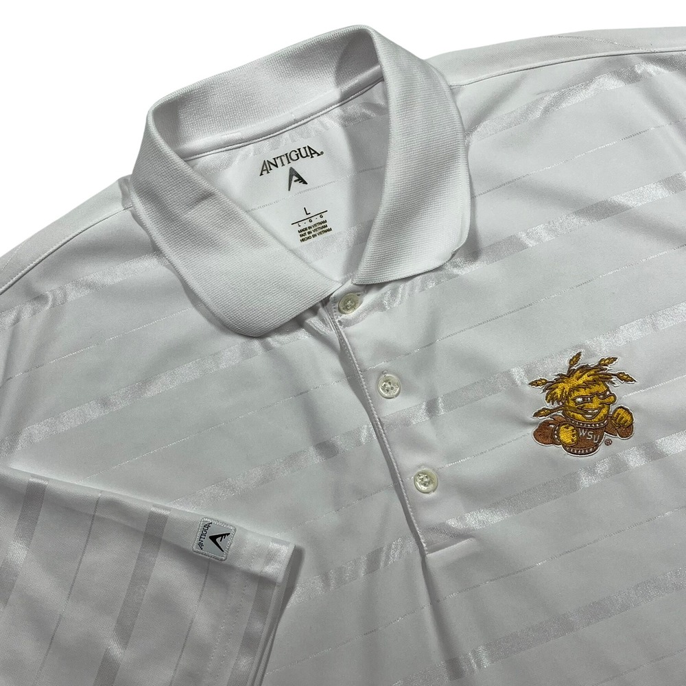 Wichita State Shockers Polo Golf Shirt Mens Large White Striped Antigua WuShock